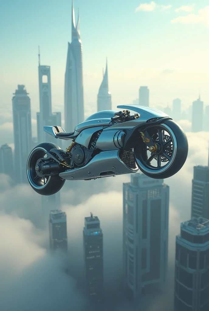 Future motorcycle, flying, clouds, cloudskratzer, Wheels of the motorcycle are tilted vertically 