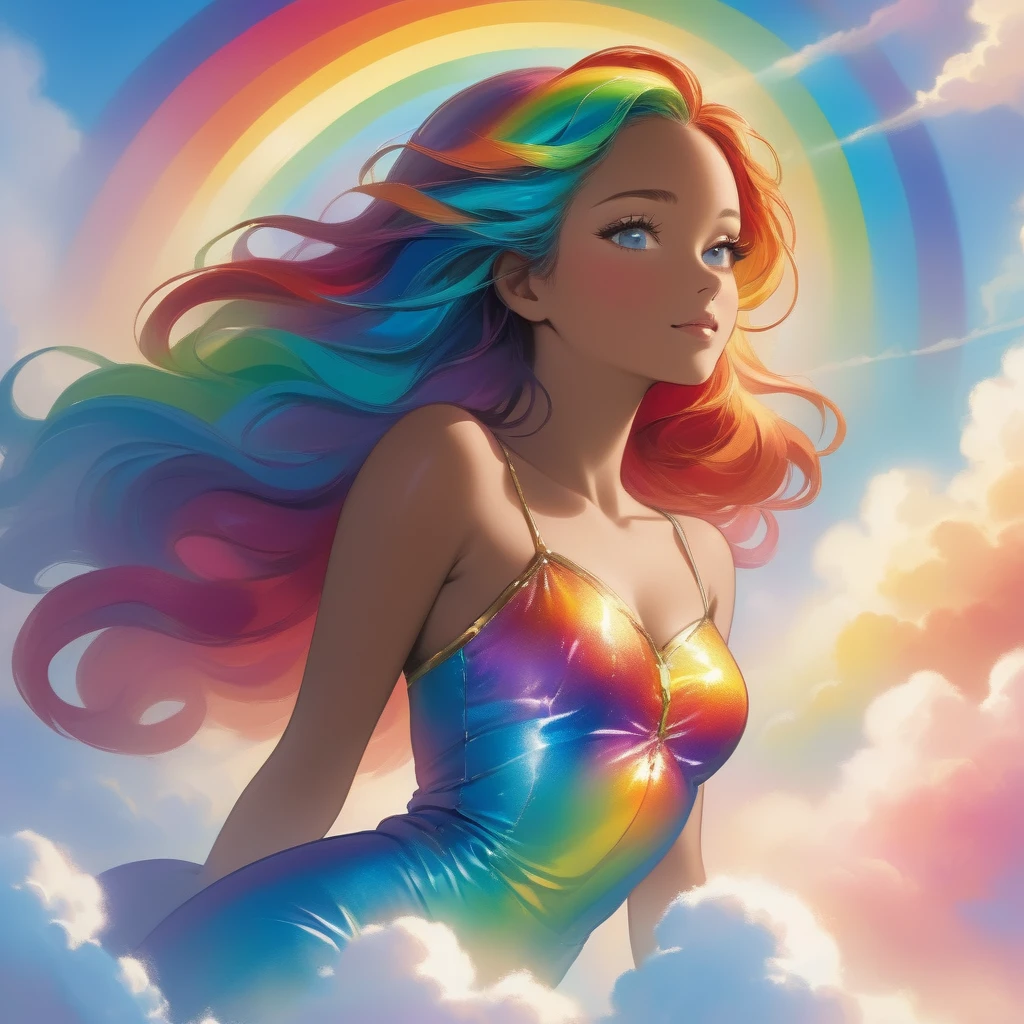 A stunningly ethereal woman, composed of a dazzling array of rainbow hues, reclines gracefully at the end of a radiant rainbow amidst the fluffy clouds in the sky. Bathed in dynamic and enchanting lighting, accentuates her vibrant, full-bodied form. Fantasy art. Masterpiece