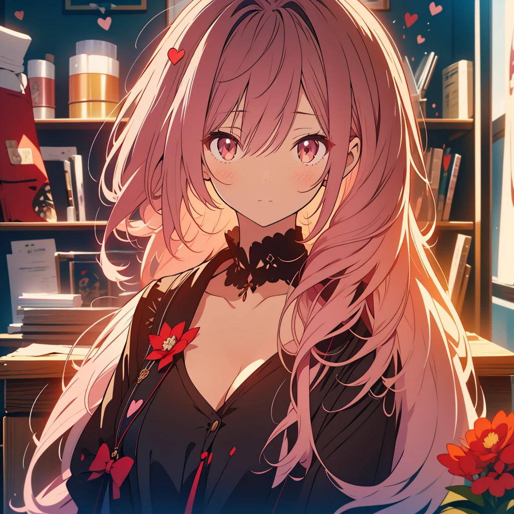 kawaii, アニメ, Cute, hyper quality, highly detailed, 8k, Clarity, Draw facial expressions in detail, Girl with short light pink hair and scarlet eyes, black lily flower, black lily, troubled look, love letter, heart mark, perplexed, student, classroom, after school, There is only one character, grieve, black lily in vase, whole body, Black Lily