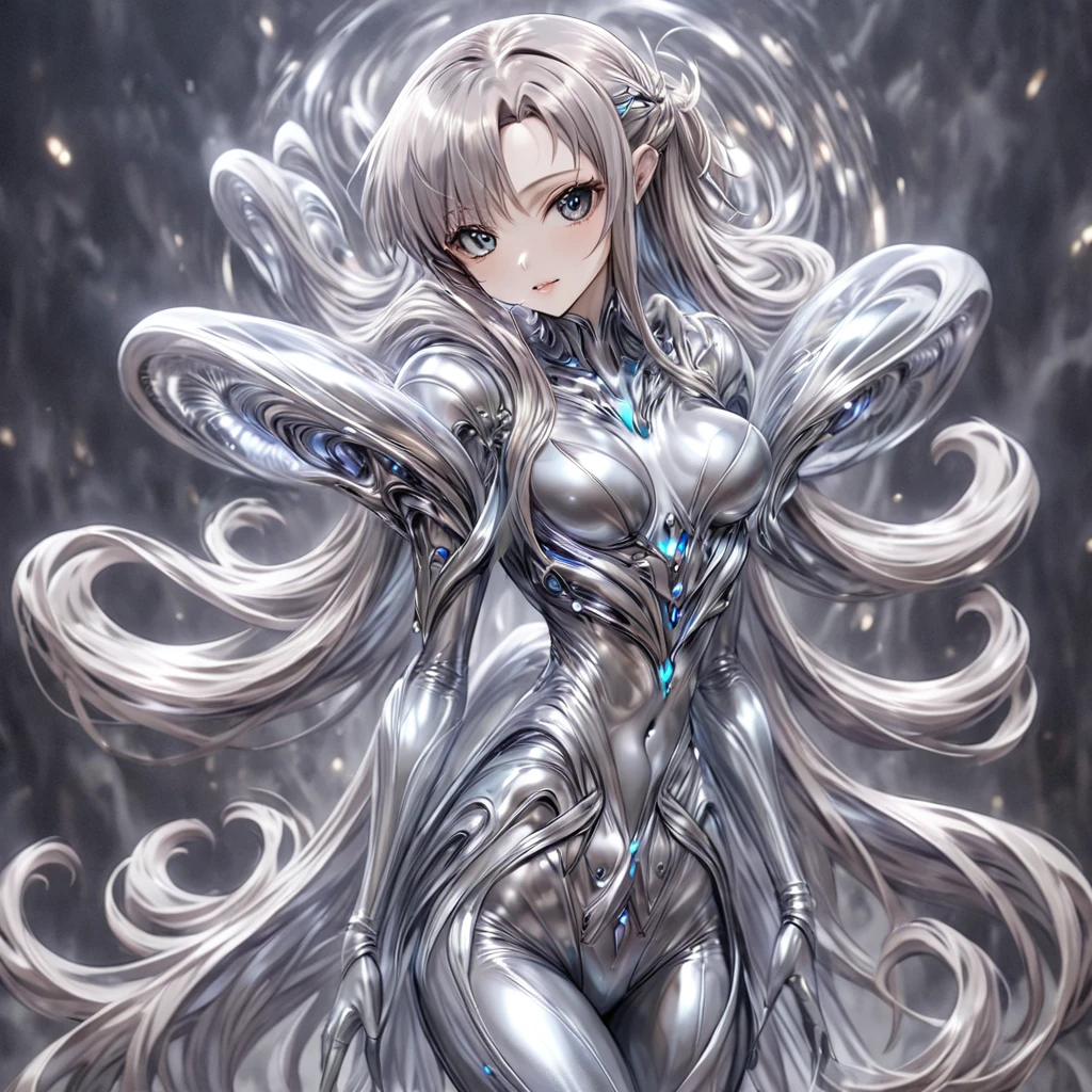 ((Highest quality)), ((masterpiece)), (detailed), （Perfect Face）、The woman is Yuuki Asuna, a completely metallic lifeform with metallic silver skin and face, and metallic silver hair in medium-long layers.、The woman is a metallic lifeform whose entire body and face are made of metal.