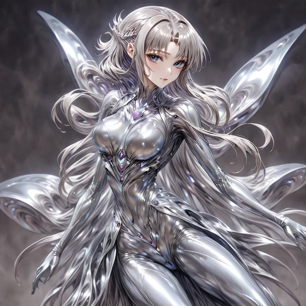 ((Highest quality)), ((masterpiece)), (detailed), （Perfect Face）、The woman is Yuuki Asuna, a completely metallic lifeform with metallic silver skin and face, and metallic silver hair in medium-long layers.、The woman is a metallic lifeform whose entire body and face are made of metal.