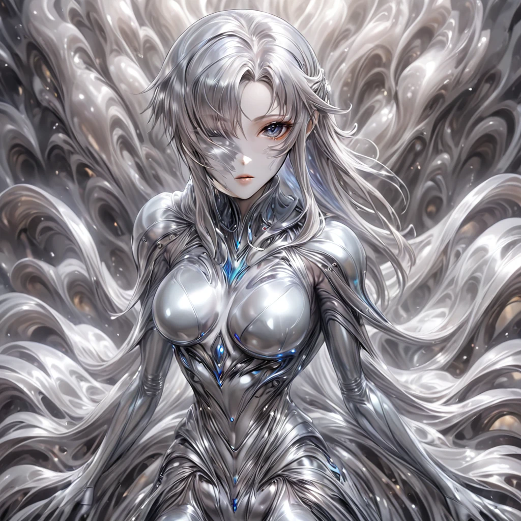 ((Highest quality)), ((masterpiece)), (detailed), （Perfect Face）、The woman is a metallic lifeform named Yuuki Asuna, with metallic silver skin and medium-long silver metallic hair.、The woman is a metallic lifeform made entirely of metal.