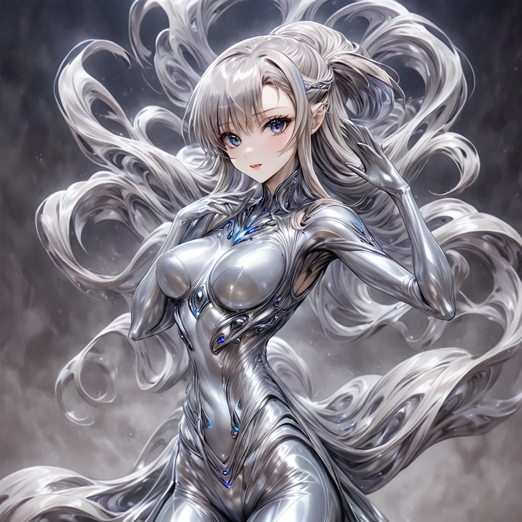 ((Highest quality)), ((masterpiece)), (detailed), （Perfect Face）、The woman is Yuuki Asuna, a completely metallic lifeform with metallic silver skin and face, and metallic silver hair in medium-long layers.、The woman is a metallic lifeform whose entire body and face are made of metal.