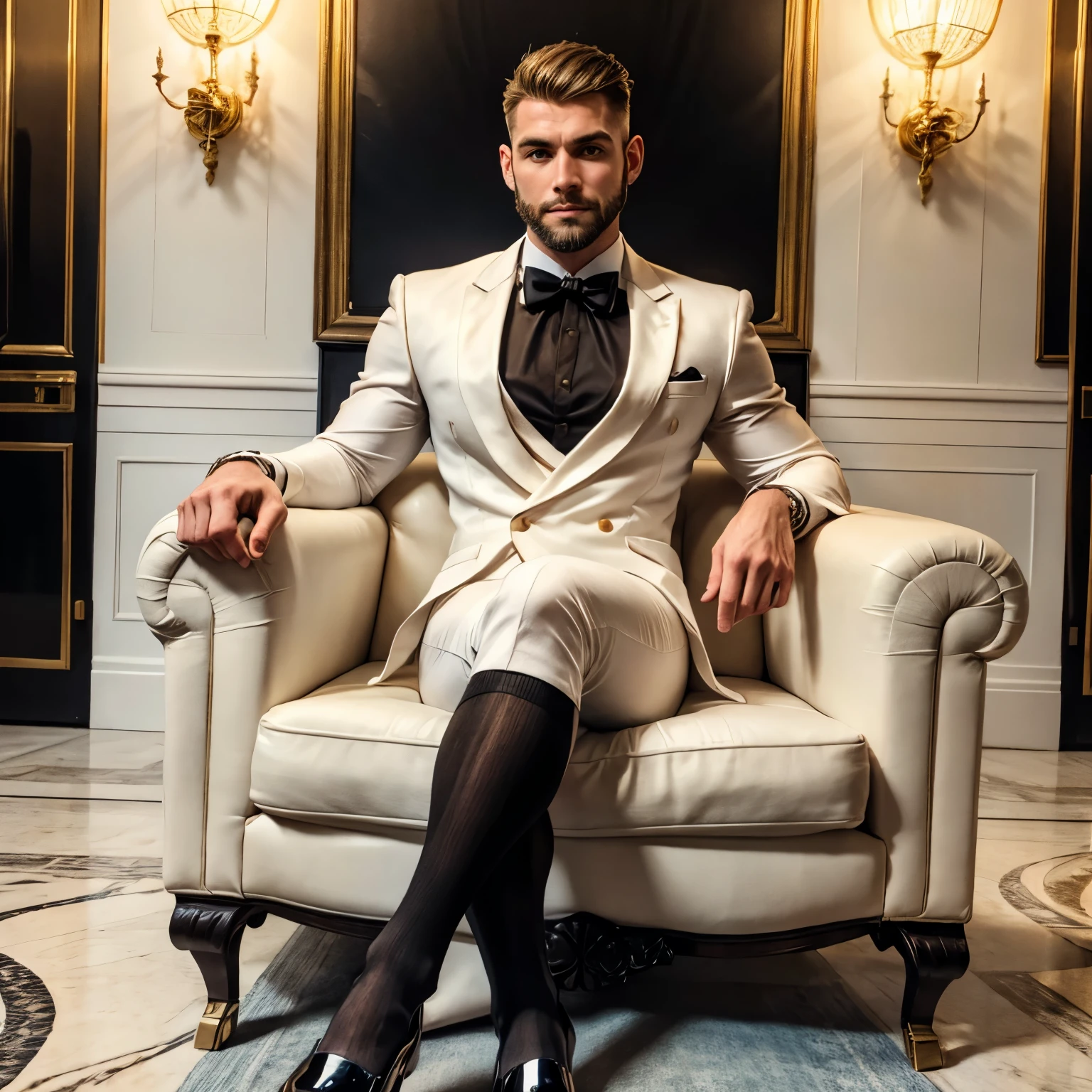full view, full body, one over-muscular over-bodybuilded handsome white european guy with light-brown undercut haircut, very thin beard, ,no moustache, wearing hyper-tight white lycra suit looking like a tuxedo with black bow tie, black silk thin socks and black patent shoes, golden rings, waiting seated on armchair, in the hall of luxurious palace hotel in Paris, his black silk socks are visible
