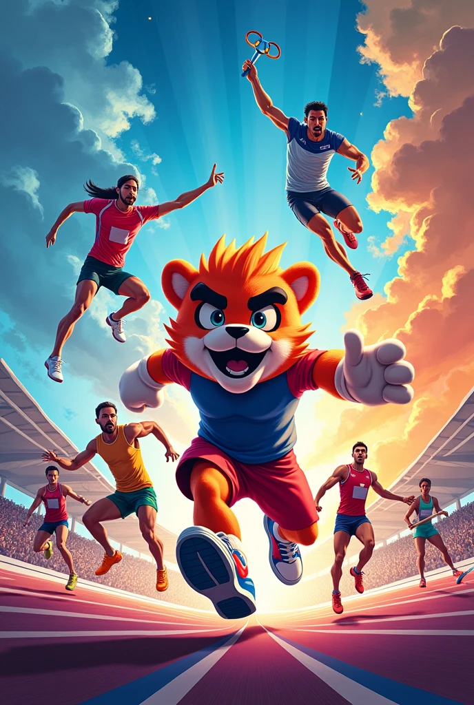 Central Image:
Feature a vibrant illustration of Olympic Phryge, the official mascot, at the heart of the poster. The mascot should be depicted in action, surrounded by athletes from various sports, all in motion. The athletes can be shown in dynamic poses, representing different sports like javelin, swimming, shooting, and hockey, symbolizing unity and diversity.