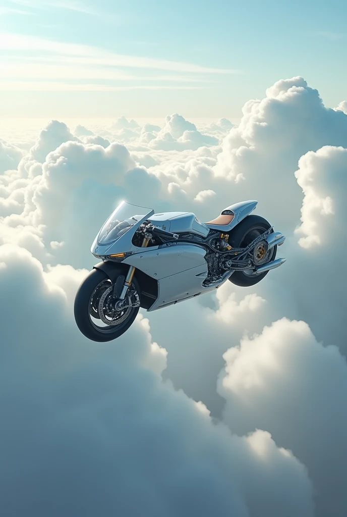 Future motorcycle, flying, clouds, cloudskratzer, Wheels of the motorcycle are tilted vertically