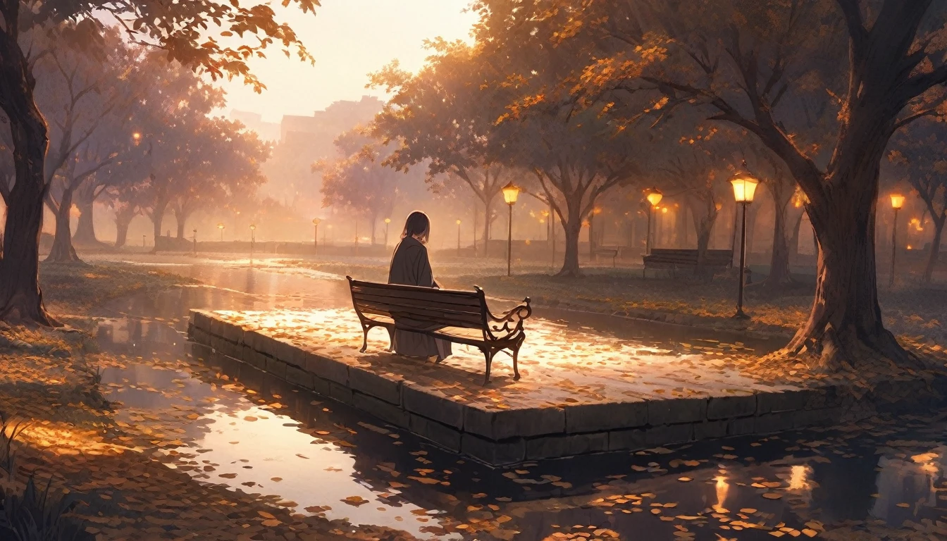A poignant scene featuring a lone figure seated on a weathered bench in a tranquil, deserted park during twilight. The park is surrounded by fallen leaves and old, neglected pathways, symbolizing the remnants of a past love. The sky is a mix of deep purples and soft oranges, suggesting the end of a chapter and the beginning of introspection. The figure, draped in a coat, gazes out over a calm, reflective pond that mirrors the changing sky. Scattered around the bench are symbols of the past—worn-out letters, a broken locket, and a single rose—representing the broken promises and lost dreams. The overall atmosphere is one of quiet reflection and melancholy, with a faint glow of street lamps casting a soft, golden light, hinting at the possibility of healing and new beginnings. The scene conveys a deep sense of solitude and contemplation, focusing on the emotional process of letting go and finding peace.
