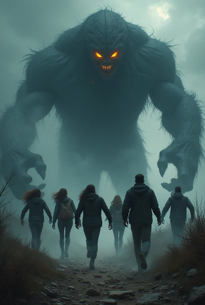 6 people, 3 men and 3 women running chased by a scary momster, and in the middle it says TRAILS OF DARKNESS IN THE TERLARSNG MOUNTAINS