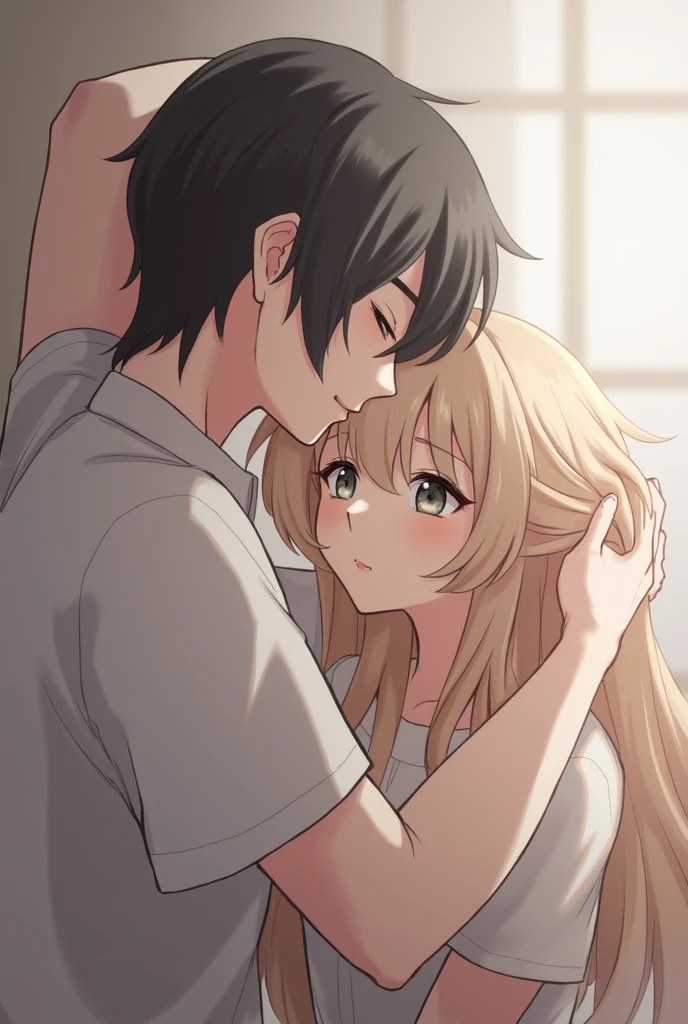This image appears to be a digitally illustrated artwork depicting two individuals in an intimate and tender moment. The person on the left has slightly longer, dark hair and appears to be gently resting their head against the other person's head, embracing them with an arm raised behind their head. The individual on the right has long, light-colored hair and is looking toward the viewer with a serene expression on their face. The lighting in the scene casts soft shadows, creating a warm and intimate atmosphere.
