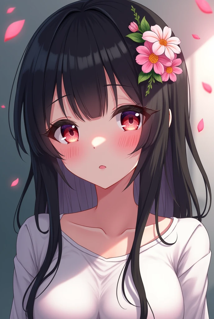 anime girl, realistic shadows, detailed skin, very small breasts, black hair, very detailed, 8k highly detailed face, perfect face shape, full perfect lips, perfect nose, correct beautiful eyes, watching viewer, white shirt, hair flowers, masterpiece, best quality, single girl, no bra, no panty, solo