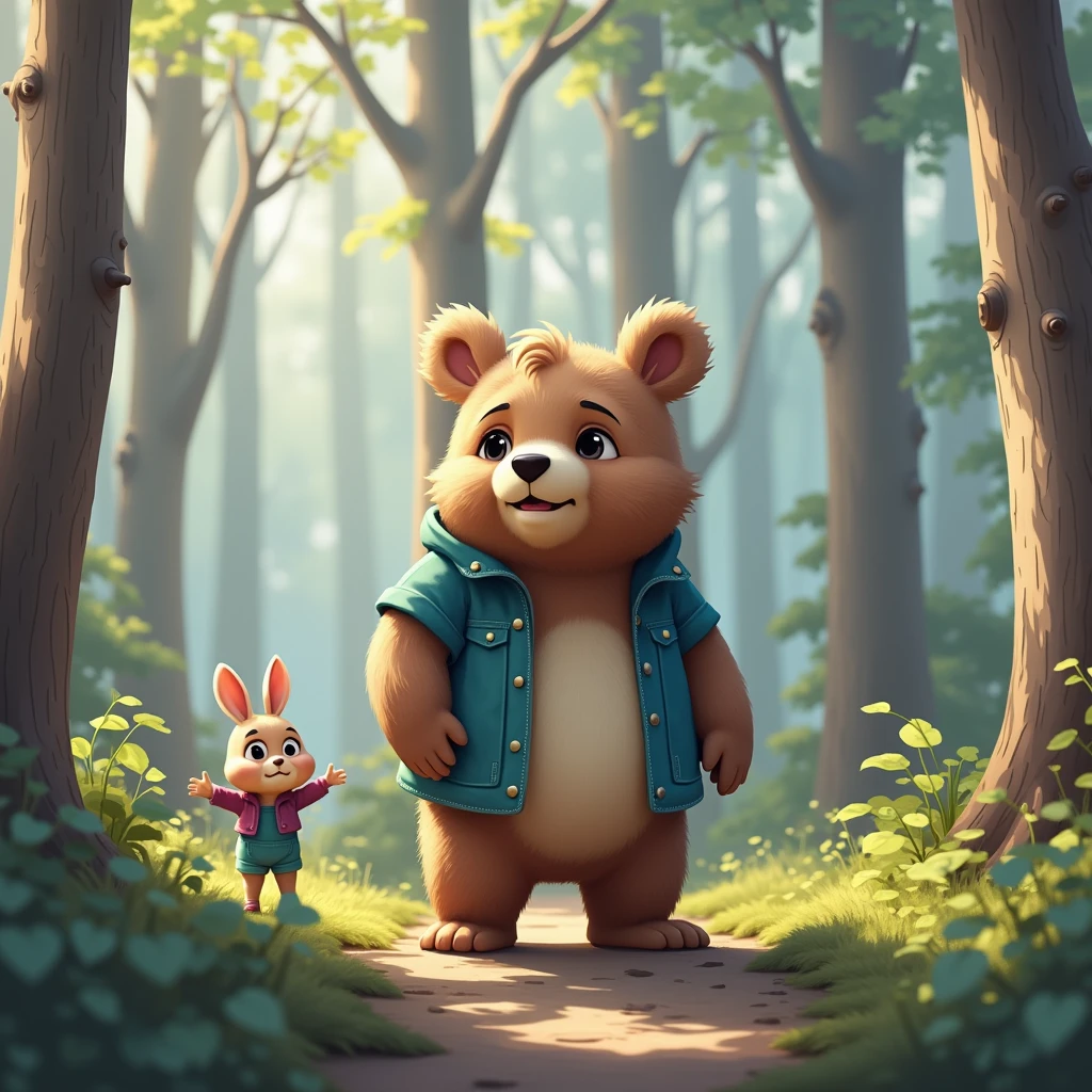 "A small rabbit named Rosie looking lost and sad in a dense forest. Tall trees with thick foliage surround her, and she looks up with hope as Benny the bear approaches her with a kind smile."