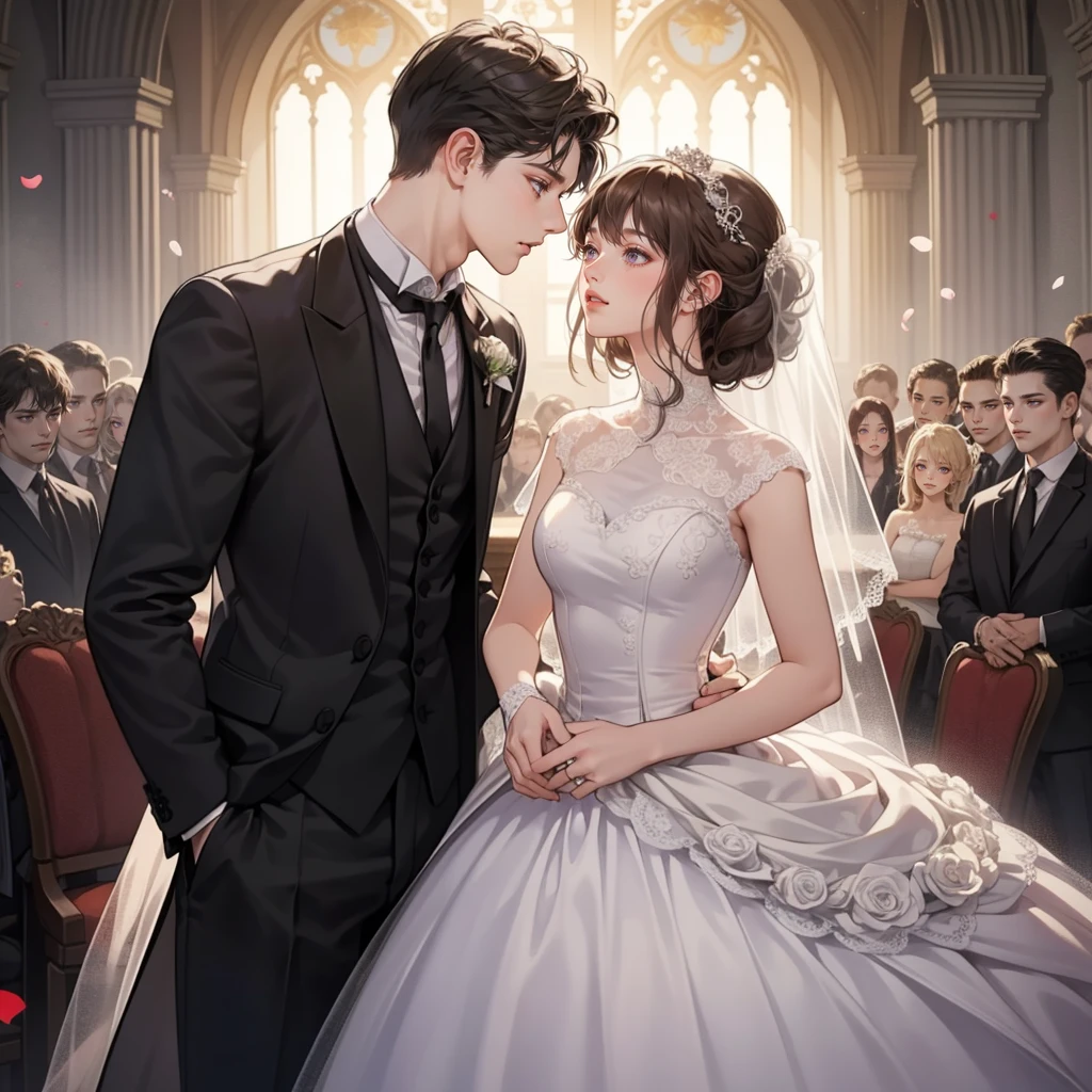 Happy couple, 1 girl 1 boy, different hair color, extremely detailed face, Long black bang hair with twist and purple eyes, short dark brown hair and dark grey eyes, face to face, 25 years old, Victorian era, (girl wears a wedding dress), (boy wears a suit), dim light, boy is a king, boy is taller, in a wedding.