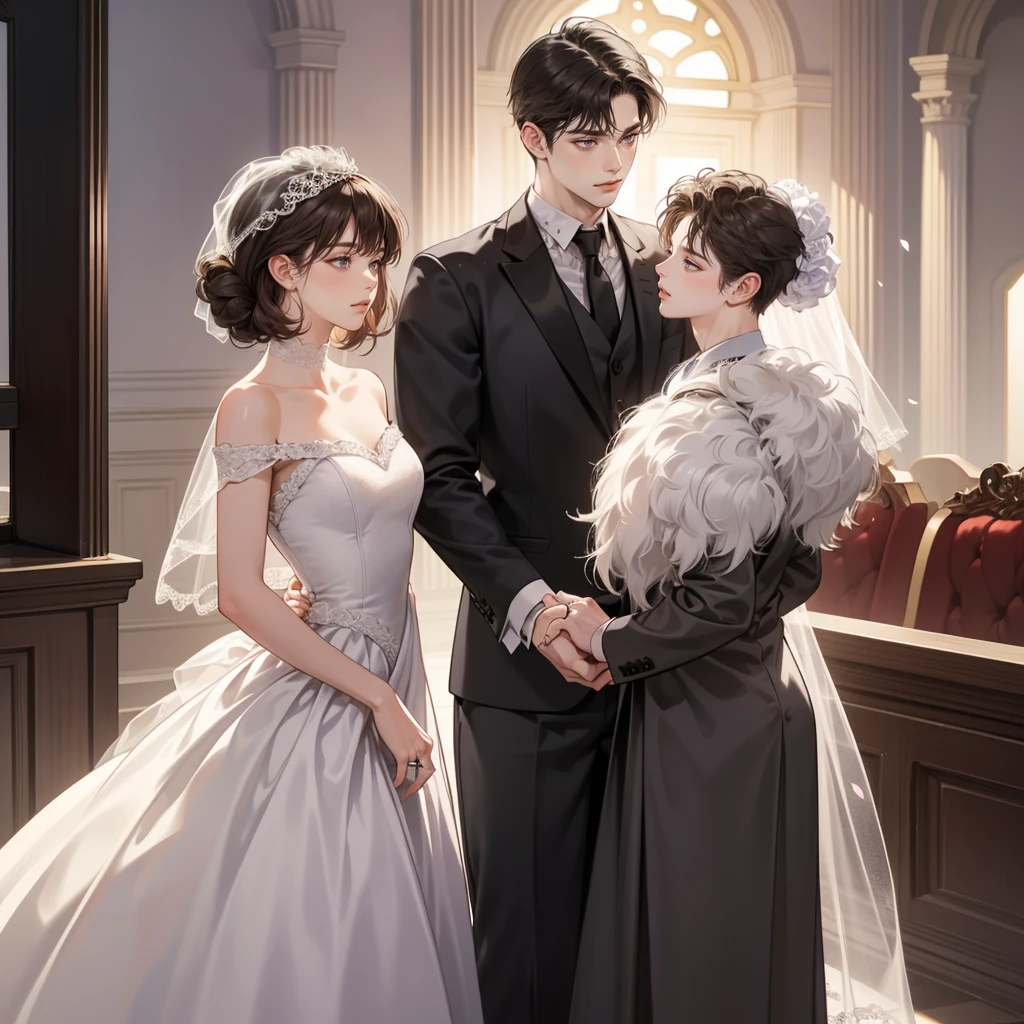 Happy couple, 1 girl 1 boy, different hair color, extremely detailed face, Long black bang hair with twist and purple eyes, short dark brown hair and dark grey eyes, face to face, 25 years old, Victorian era, (girl wears a wedding dress), (boy wears a suit), dim light, boy is a king, boy is taller, in a wedding.