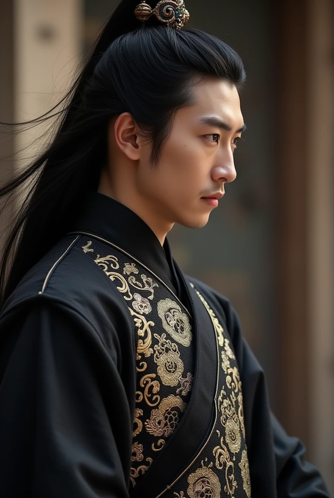 Set in a wuxia world setting a black hair male dayan military general with black robe embroided with gold thread, looking at his black hair li