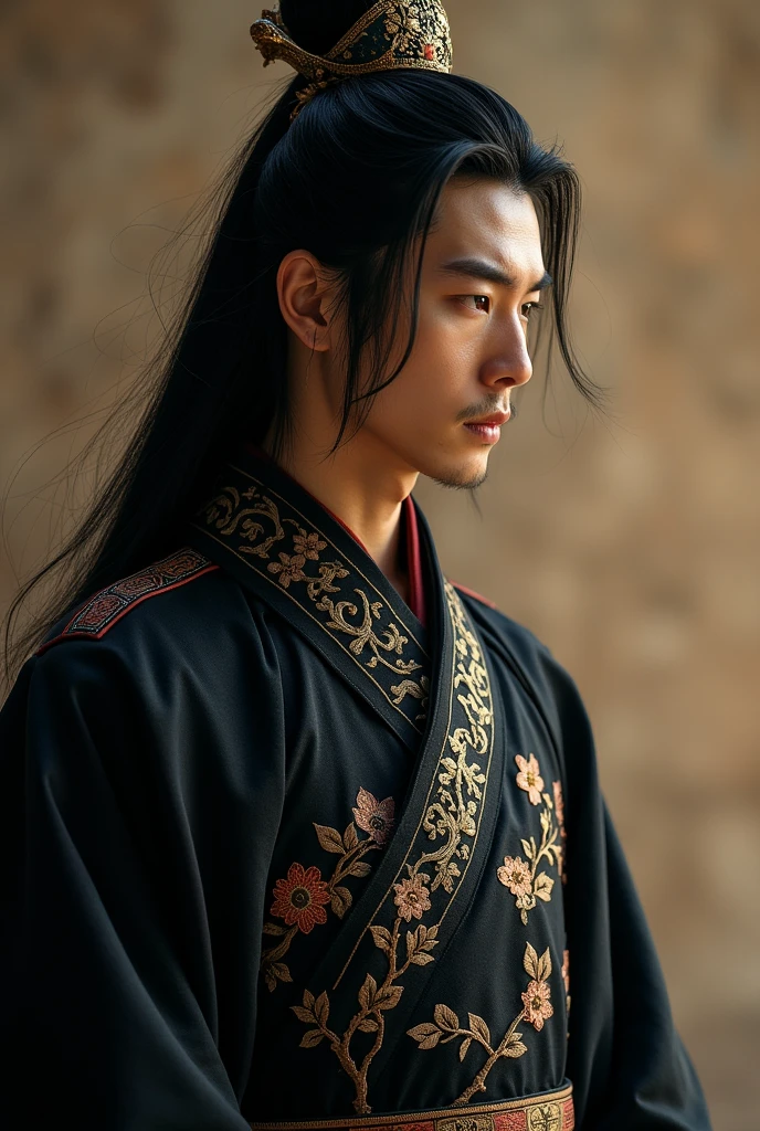 Set in a wuxia world setting a black hair male dayan military general with black robe embroided with gold thread, looking at his black hair li
