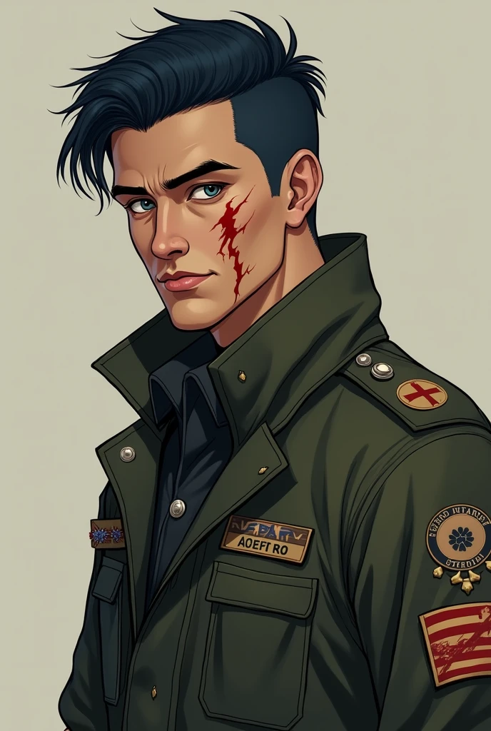Ivan Craig, Male gender, height 1,89, blue black hair, honey-colored eyes, physical appearance of an experienced military man, wears military clothing almost always, has a scar on his face next to his mouth, he has special tattoos on his arm of the people he couldn't save, pertubado