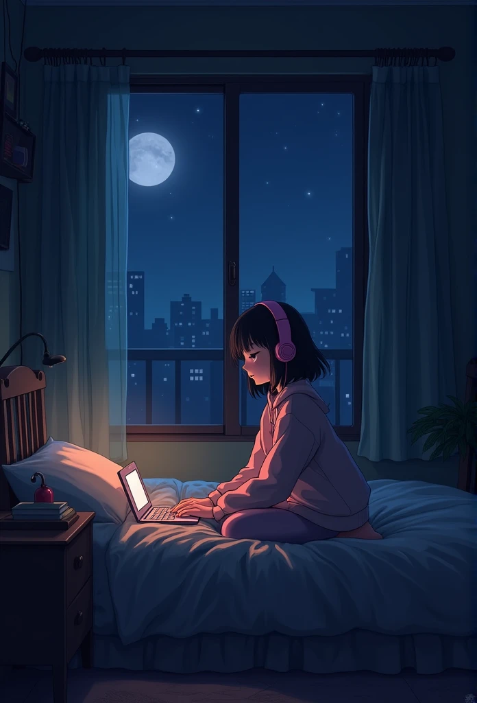 night、Girl listening to music in a cozy room, Use headphones, 2D Style Anime, Lo-Fi, hard disk, Dark Environment、Looks sleepy
