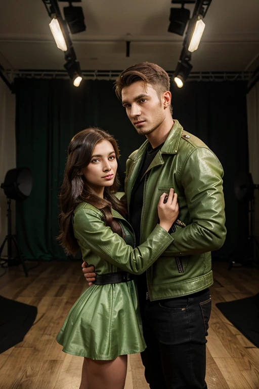 Beautiful girl wearing light green dress carried by handsome man wearing leather jacket in photo studio room