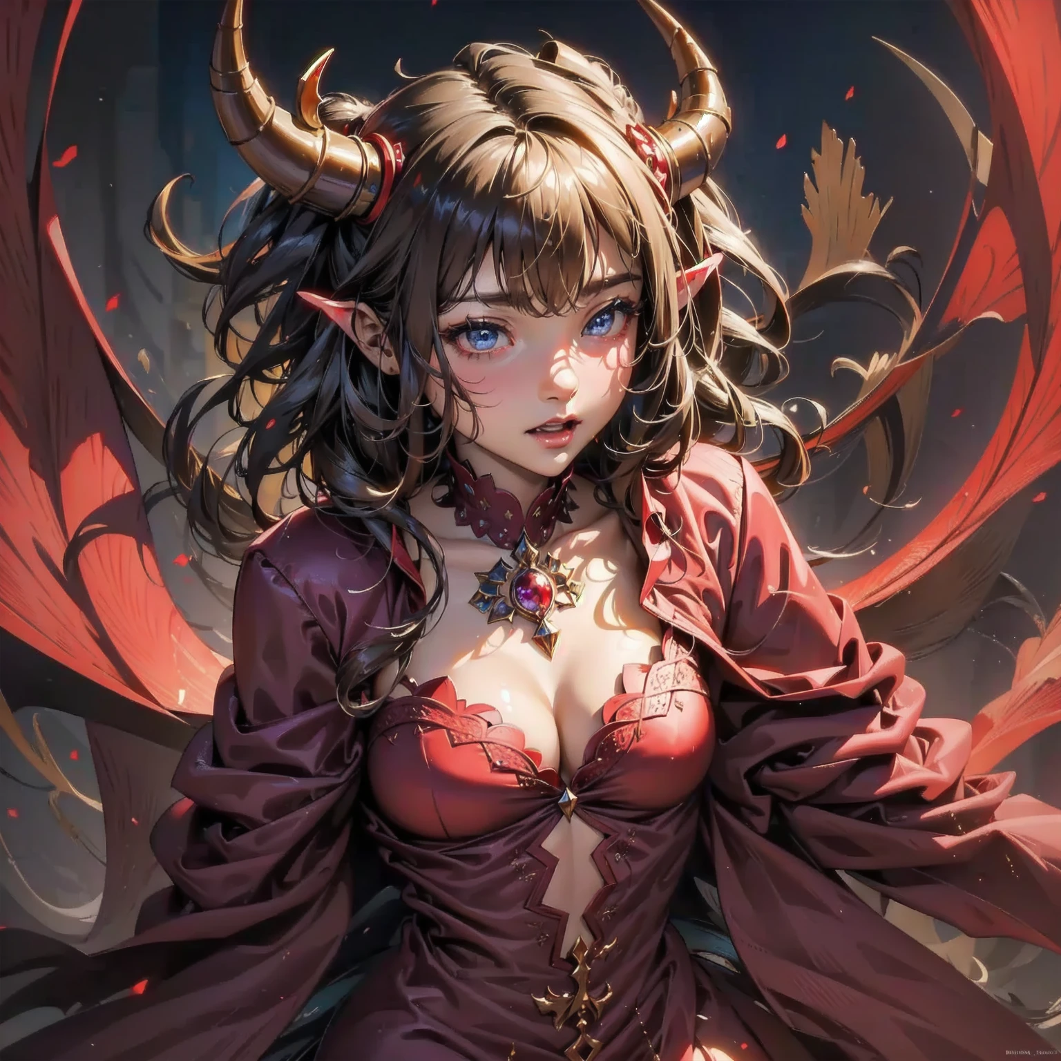  masterpiece, (Textured Skin), best quality, Gorgeous beautiful girl, (devil), Detailed clothes,Large Breasts,Willow Waist,, (Pretty Face), Movie Lighting, (Fantasy Anime Art ),