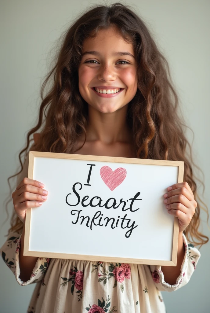 Beautiful girl with wavy long hair, bohemian dress, holding a white board with text "I Love Seaart Infinity" and showing it to the viewer