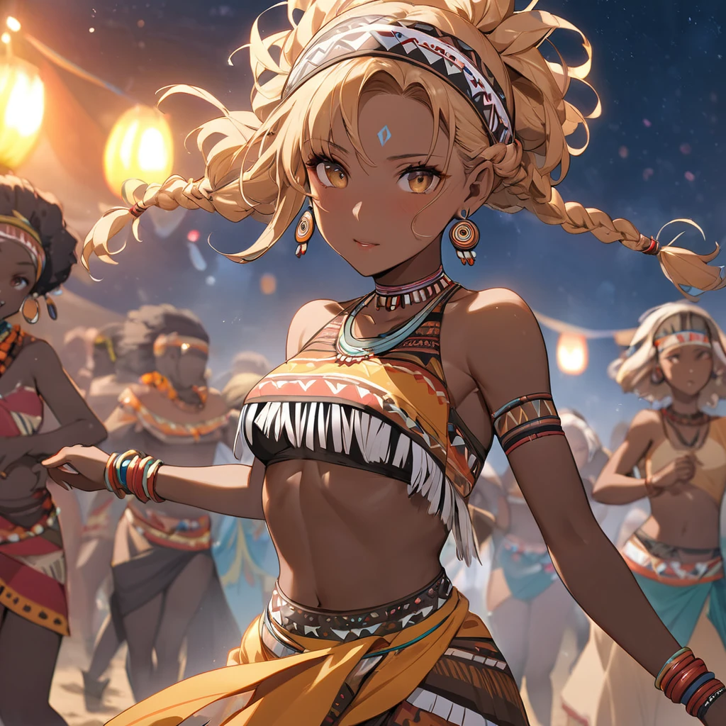 ((Highest quality)), ((masterpiece)), (detailed), (Perfect Face)、The woman has bright black skin、Strong curly hair、Black, dark skinned, African native tribal woman、The amount of hair is small、Light brown hair、Very short curly hair、Braided hair with detailed braids and slicked back、Her hair is braided and thin, and she wears a tribal headdress and a tribal headscarf.、African black woman beautifully dressed in tribal clothing, tribal earrings and tribal accessories, wearing tribal makeup、A beautiful tribal woman with tattoos all over her body、A woman is dancing a dance dedicated to the spirits at a night festival in a tribal village.