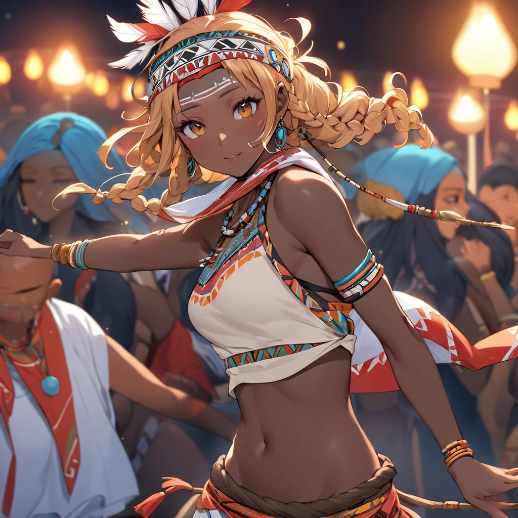 ((Highest quality)), ((masterpiece)), (detailed), (Perfect Face)、The woman has bright black skin、Strong curly hair、Black, dark skinned, African native tribal woman、The amount of hair is small、Light brown hair、Very short curly hair、Braided hair with detailed braids and slicked back、Her hair is braided and thin, and she wears a tribal headdress and a tribal headscarf.、African black woman beautifully dressed in tribal clothing, tribal earrings and tribal accessories, wearing tribal makeup、A beautiful tribal woman with tattoos all over her body、A woman is dancing a dance dedicated to the spirits at a night festival in a tribal village.