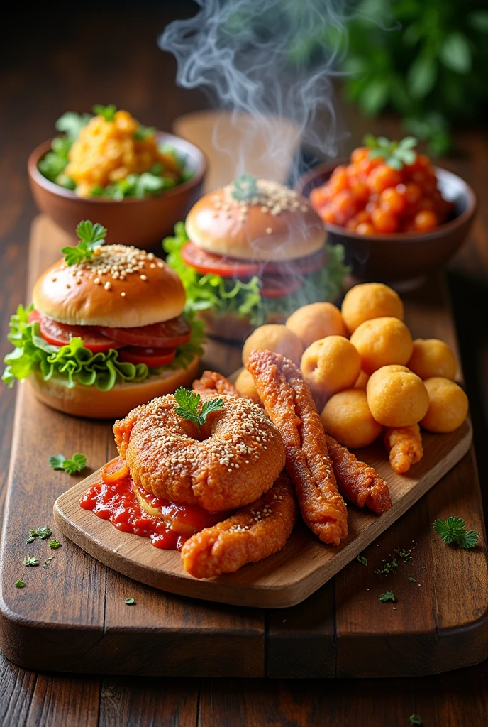 A visually striking book cover showcasing a variety of delicious fast food dishes, The main focus is the name Moons fast food, Artfully arranged on a wooden board with a creative plating technique. Accompanying the name are other steaming fast food dishes.