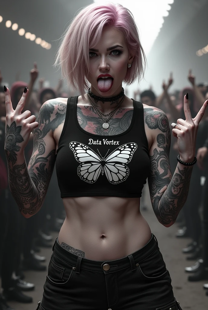 (photorealism:1.2) Make the image as real as possible. Pay attention to every single aspect of detail.
Beautiful woman with swept bangs. Her hair is short and her hair color is pink with blonde highlights. She has on a black top that reads ‘Data Vortex’ with a butterfly behind the text. She has on cargo vanguard pants with the belt loops on the hips. Her g-string is visible as well. Pay attention to detail in the image. Her pose is dramatic and badass. Her physique is athletic and curvaceous. Both of her arms are covered in tattoos. The tattoos are mainly anti-christ images, baphomet, plants and bible verses. She has a nose ring on her left nostril.
She is her tongue out and her hands are making the ‘rock star’ symbol. The image should be in play and white. She is behind a rock concert mosh pit.