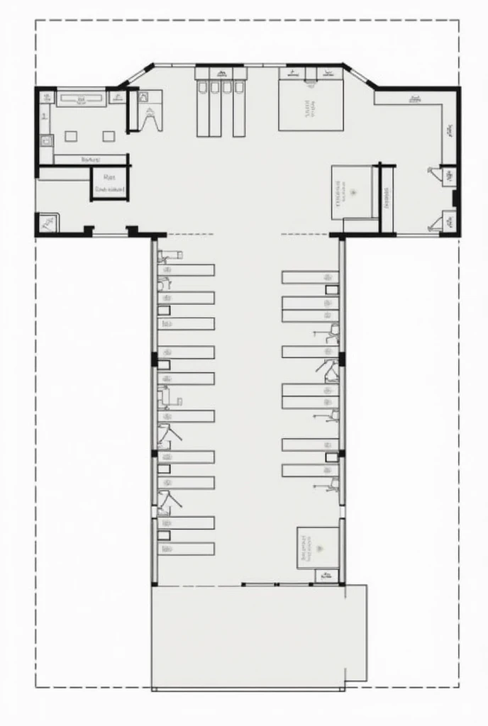 plan of a t-shaped physiotherapy room with 3 rooms at the back, a long main hall, with 5 rooms on the left side and 3 rooms on the right side