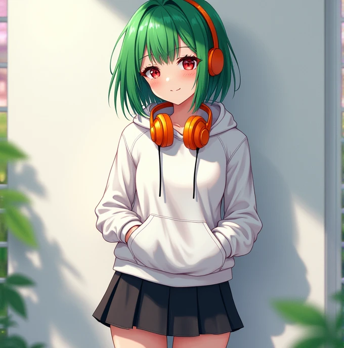 White hoodie、Black miniskirt、Hair is green、Eye color: Red、A high school girl wearing orange headphones