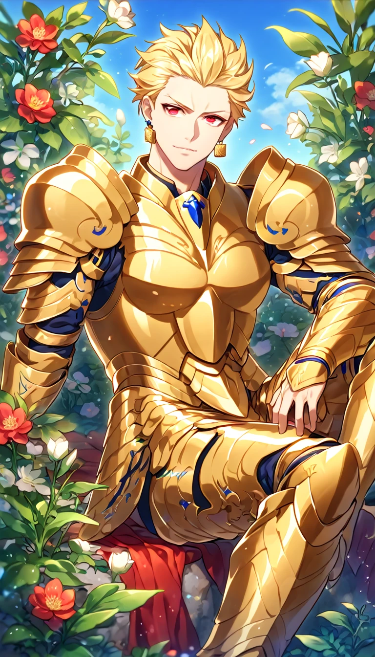 absurdres, highres, ultra detailed, HDR, master piece, best quality, extremely detailed face, delicated features, Gilgamesh, blonde hair, hair slicked up, ruffled hair, expressive red eyes, Fate Stay Night, solo, sexy man sitting, handsome, manly man, golden earrings, golden armor, fantasy, magical, radiant, flowers, garden, blue sky, green leaves