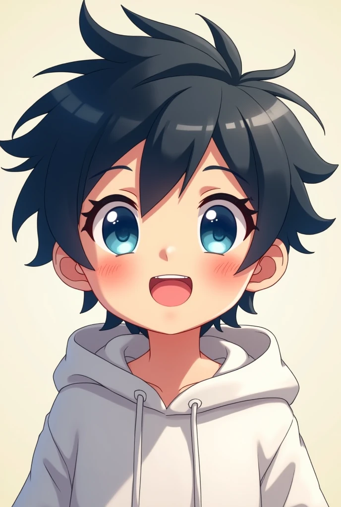 Anime chibi boy with black hair and blue eyes wearing a very cheerful white hoodie