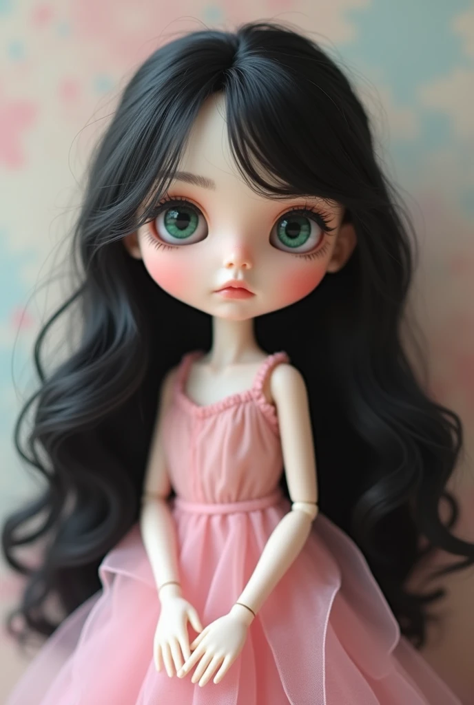 blythe doll white skin color with green eyes and long black hair with bangs and a pink dress