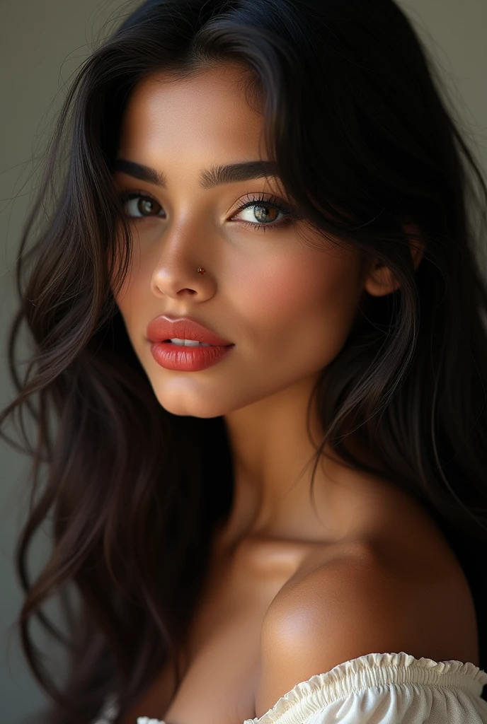 a realistic image of a gorgeous 21 years old Female with long thick dark hair, flawless indian skin, beautiful red lips and deep blue eyes