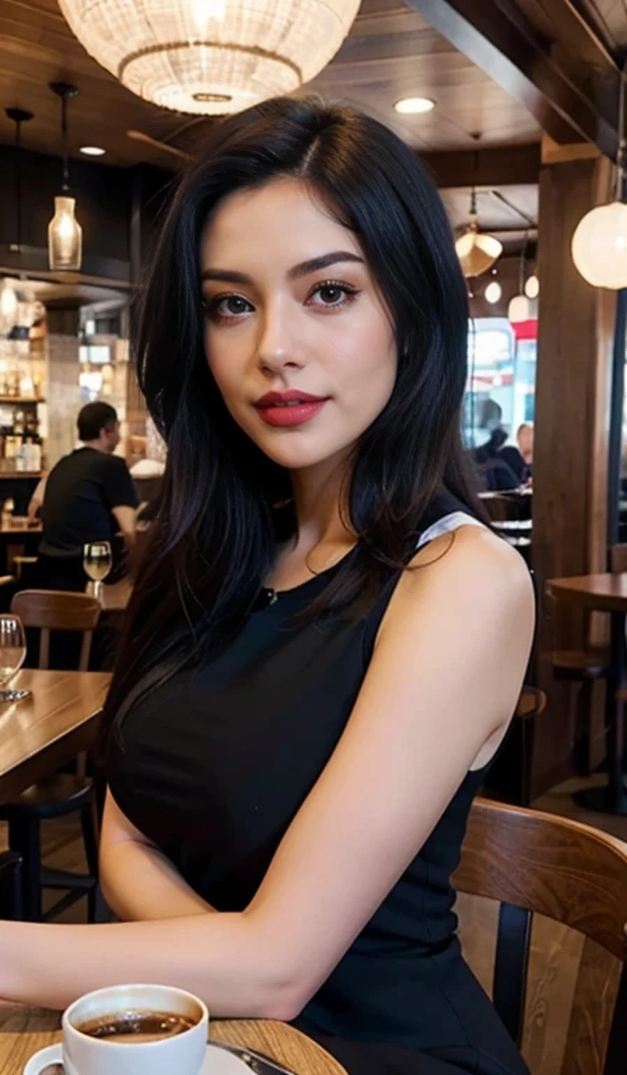 Indian cute girl ,having coffee,restaurant,realistic photo effect,black hair, hair bobbles, yoga,wince, longeyelashes, solid circle eyes, light smile, ear blush, fang, ccurate, Surrealism, drop shadow, anaglyph, stereogram, tachi-e, pov, atmospheric perspective, 8k, super detail, best quality 4k,nice dress,big boobs