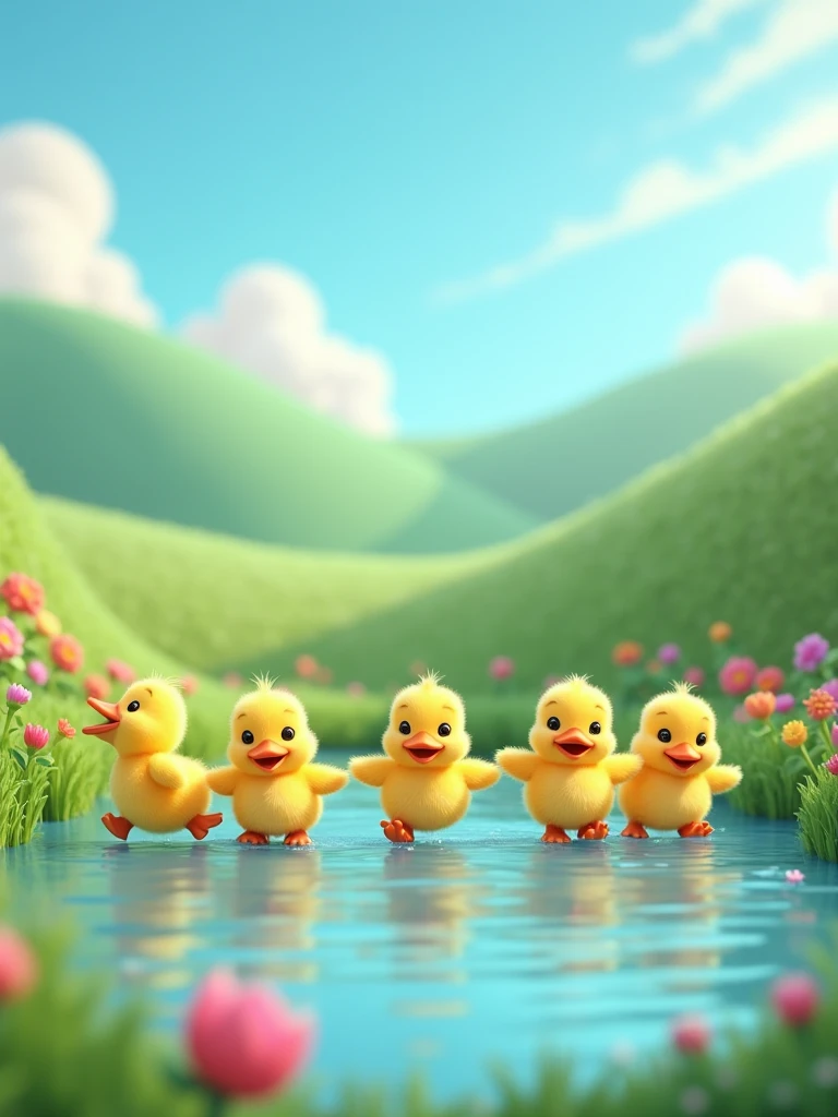 Create a cartoon 3D render colorful scene of five little ducks waddling away from a pond, happily quacking and flapping their wings. The background should feature rolling green hills, a clear blue sky, and vibrant flowers.