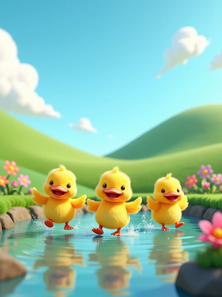 Create a cartoon 3D render colorful scene of five little ducks waddling away from a pond, happily quacking and flapping their wings. The background should feature rolling green hills, a clear blue sky, and vibrant flowers.