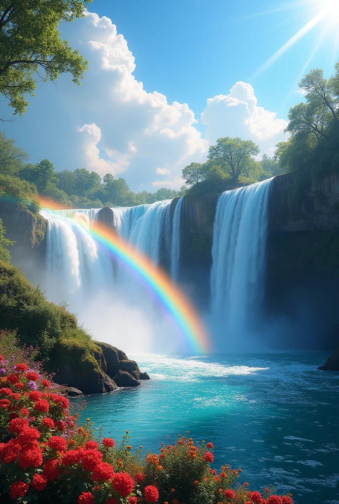 A vibrant rainbow, With colors that blend perfectly, Arching across a clear blue sky, Illuminating the surrounding landscape with its glow., that there is a waterfall and Reflecting the sparkling water below, Projecting a colorful spectrum onto flowers and trees., bringing joy and beauty to the world, Captured in a stunning photograph, with vivid colors and sharp focus, Enhanced by HDR technology, Highlighting the natural beauty of the scene., Creating a masterpiece that celebrates the wonders of nature..