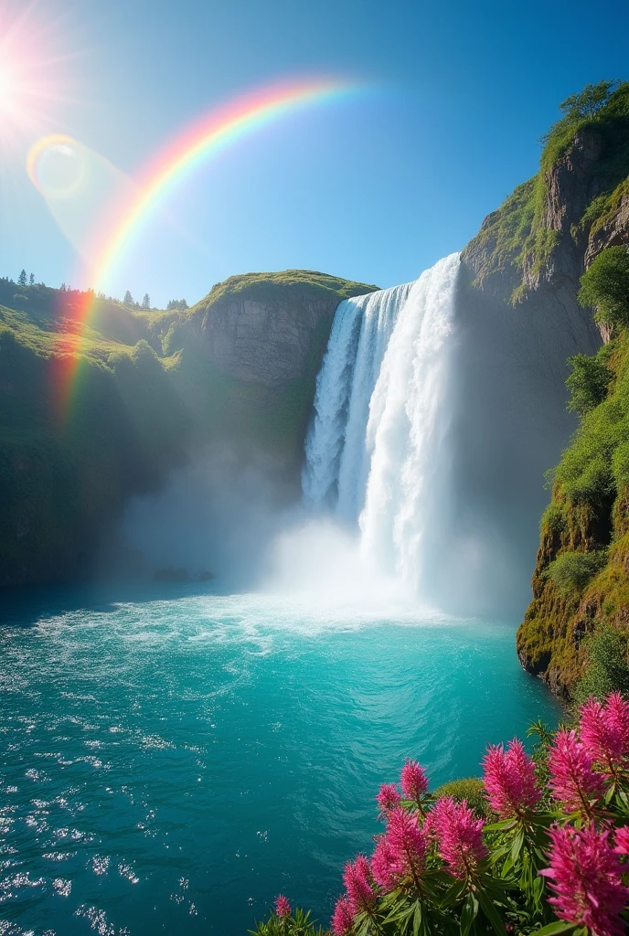 A vibrant rainbow, With colors that blend perfectly, Arching across a clear blue sky, Illuminating the surrounding landscape with its glow., that there is a waterfall and Reflecting the sparkling water below, Projecting a colorful spectrum onto flowers and trees., bringing joy and beauty to the world, Captured in a stunning photograph, with vivid colors and sharp focus, Enhanced by HDR technology, Highlighting the natural beauty of the scene., Creating a masterpiece that celebrates the wonders of nature..
