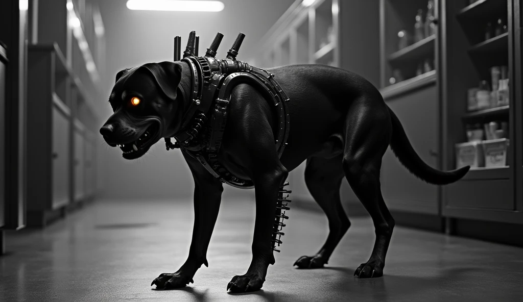 (Black and white:1.5) retro-futuristic photo of a bio-mechanical Rottweiler, half biological, half high-tech implants, metallic spine and glowing eye, poised for attack, full body, stark laboratory setting, (dramatic chiaroscuro lighting:1.4), low angle shot, (ultra-high contrast:1.3), (film grain:1.2), style of (H.R. Giger:1.4) and (Ridley Scott:1.3)
