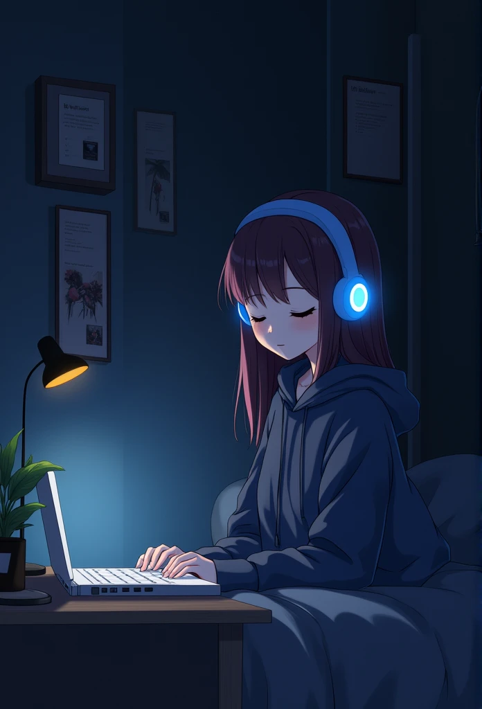 night、Girl listening to music in a cozy room, Use headphones, Anime Style, Lo-Fi, hard disk, Dark Environment、Looks sleepy