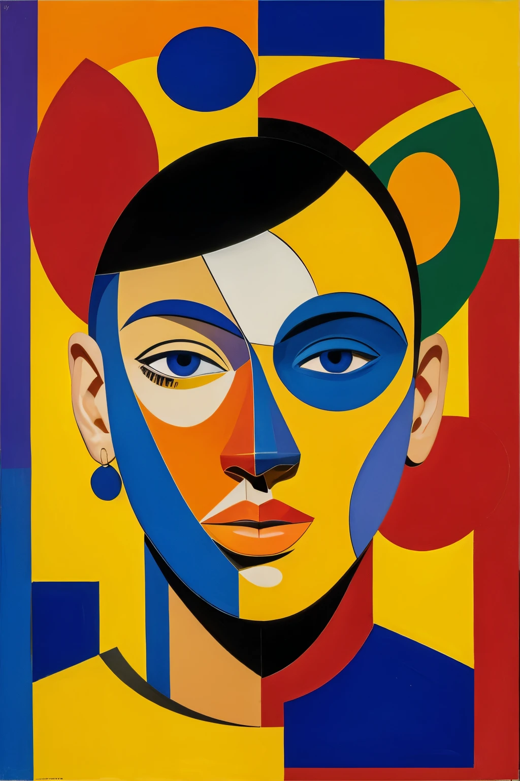 "An abstract and cubist-style portrait of a person with fragmented facial features, vivid geometric shapes, and a mix of bright and muted colors. The figure's face is depicted with multiple perspectives, where eyes are misaligned, and the nose is exaggerated. The background is filled with bold brushstrokes and contrasting colors, evoking the energetic and avant-garde spirit of early 20th-century art."