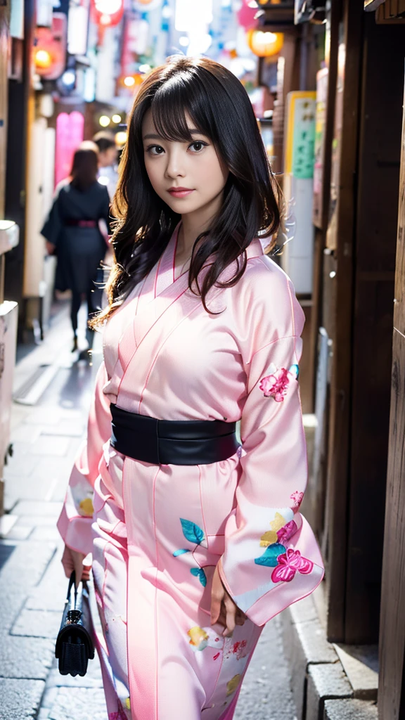 masterpiece, Highest quality,16K, Ultra-high resolution,The light and shadow of reality,Cinema Lenses,((Her waist is so slim and beautiful)),((High nose、Small Mouth)),((Clean and slim face line)),((Big dark eyes with long eyelashes)),((Very small face))((Very slim and beautiful arms)),((She is very thin and has a great figure)),((Pure white beautiful skin)),((Cute Japanese Girls)),(((Wearing a bright pink kimono、yukata))),((Walking the streets of Tokyo)),(Beautiful Eyes:1.1),Reflecting clear eyes and a gentle smile,