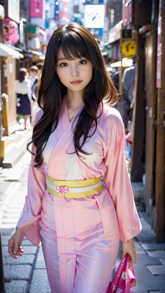 masterpiece, Highest quality，16K, Ultra-high resolution，The light and shadow of reality，Cinema Lenses，((Her waist is so slim and beautiful)),((High nose、Small Mouth)),((Clean and slim face line)),((Big dark eyes with long eyelashes)),((Very small face))((Very slim and beautiful arms)),((She is very thin and has a great figure)),((Pure white beautiful skin)),((Cute Japanese Girls)),(((Wearing a bright pink kimono、yukata))),((Walking the streets of Tokyo)),(Beautiful Eyes:1.1)，Reflecting clear eyes and a gentle smile,
