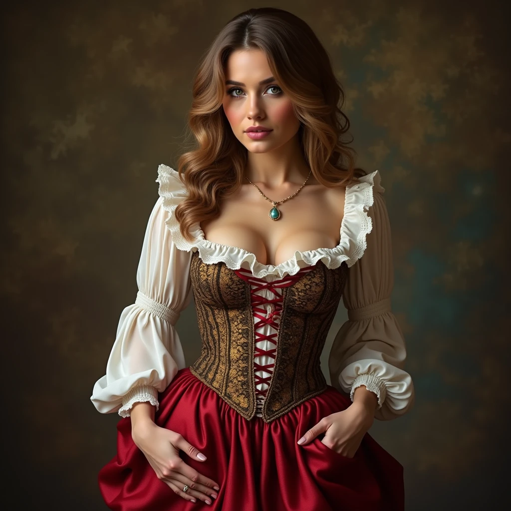 sexy French woman big boobs in traditional French clothes in realistic style