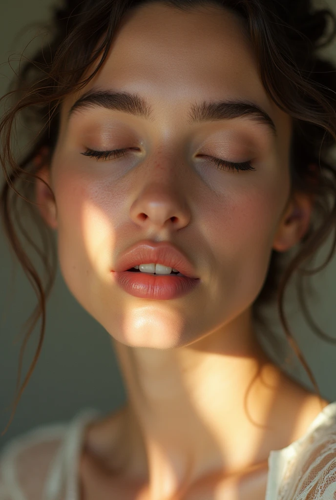 White women、A close-up of her under-eye bags, lips, chest and calm expression.、It shows her inner peace and outer charm.。