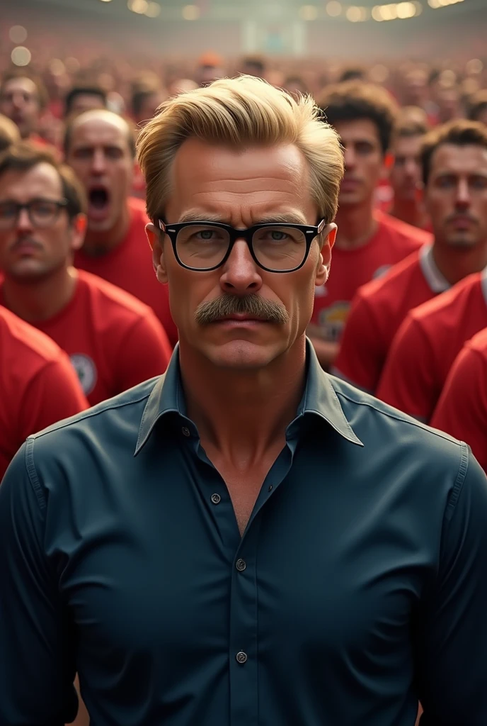 Blond man with mustache and glasses, wearing a long dark blue dress shirt, with a crowd of red shirts behind them screaming 