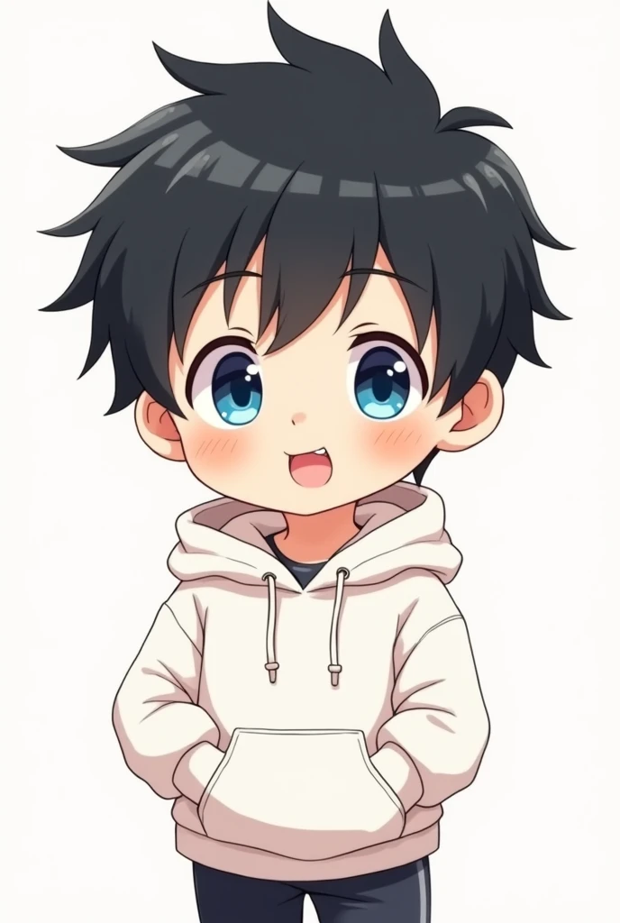 Anime chibi boy with black hair and blue eyes wearing a very cheerful white hoodie 