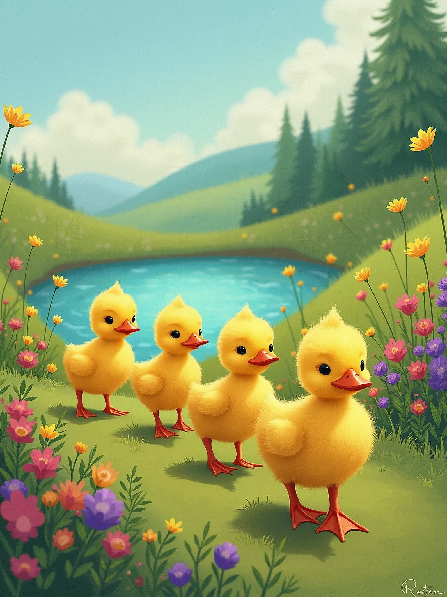 Illustrate four little ducks waddling back over the hill, looking a bit confused as they return to the pond. The background should still be colorful but with a hint of concern.