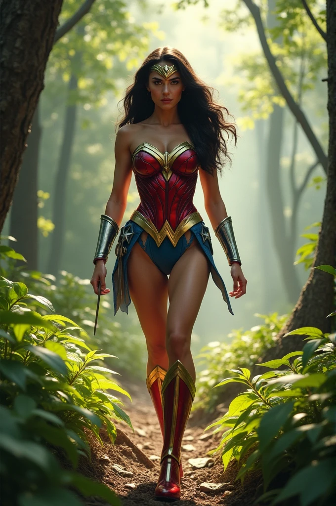 wonder woman, wearing a bikini, walking in the middle of the forest, beautiful background,UHD,